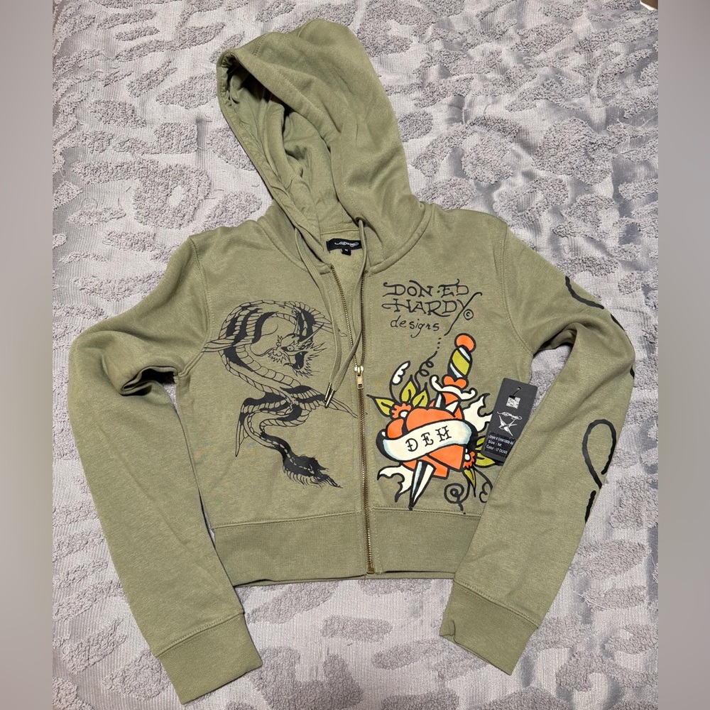 Ed Hardy Dragon Dagger Green Zip Up Crop Hoodie Size Medium